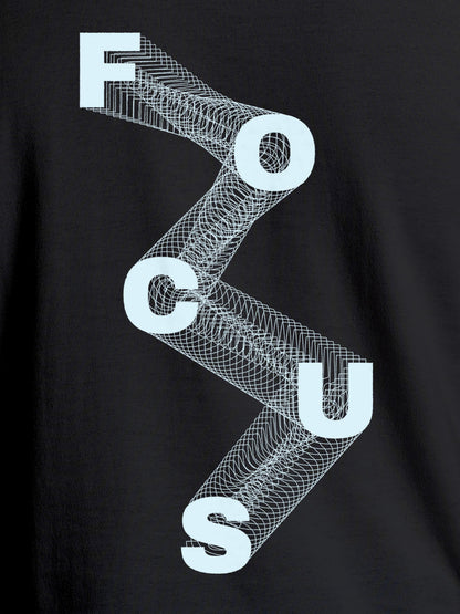 Close up of 'Focus' design on Women's Dark Grey Round Neck T-shirt, highlighting intricate details and vibrant print.