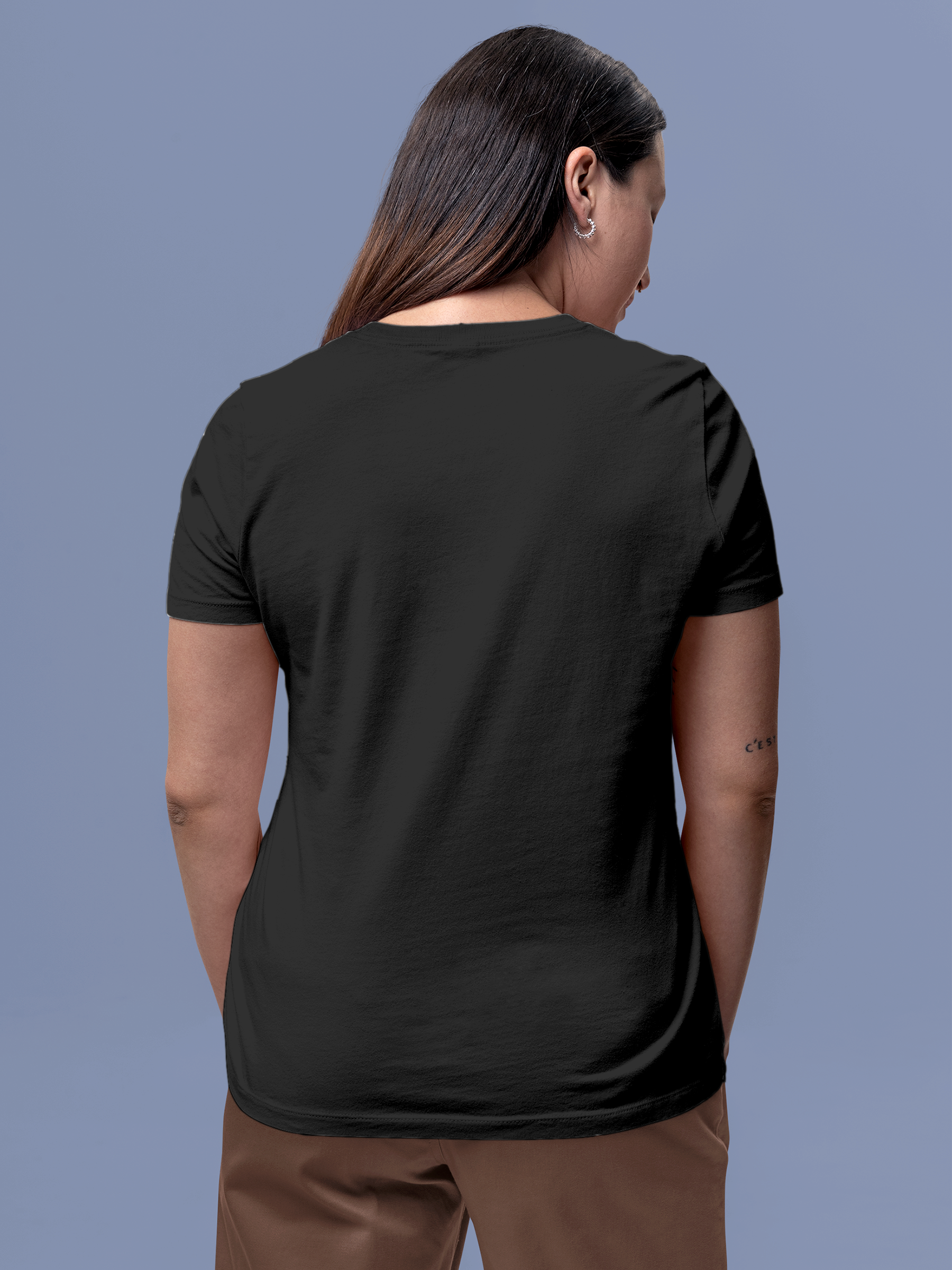 Back view of Fighterhero Women's Charcoal Grey Round Neck T-shirt, highlighting the modern look and clean finish