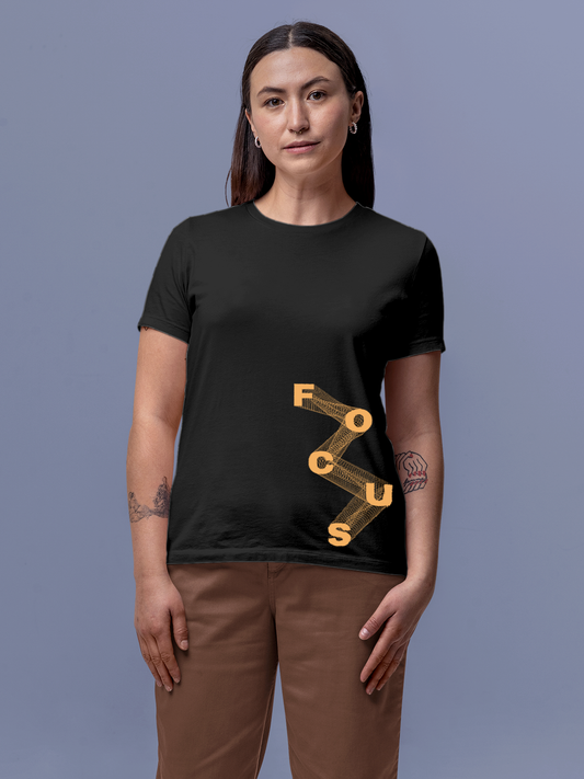 Fighterhero T-shirts: Model wearing Women's Charcoal Grey Round Neck T-shirt with 'Focus' design