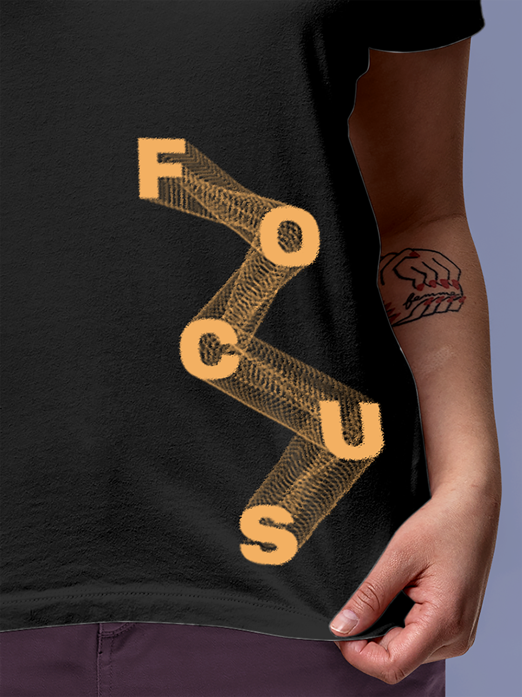 Close up of 'Focus' design on Women's Charcoal Grey Round Neck T-shirt, highlighting intricate details and vibrant print.