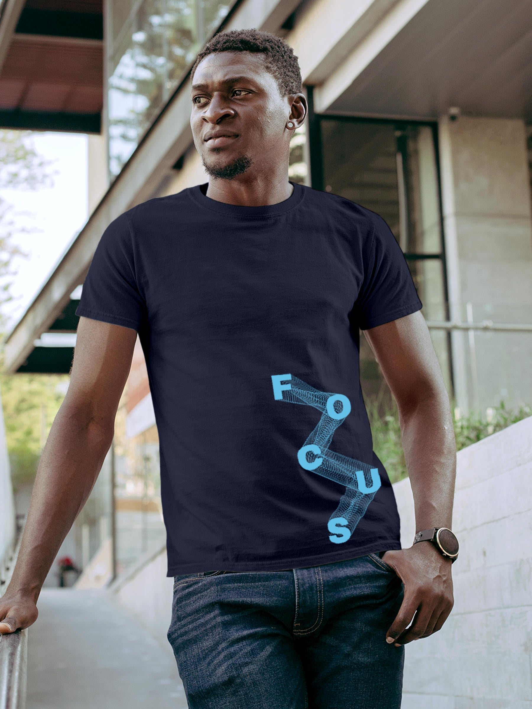 Model wearing Men's Navy Blue Round Neck T-shirt with 'Focus' design, offering effortless style and premium comfort