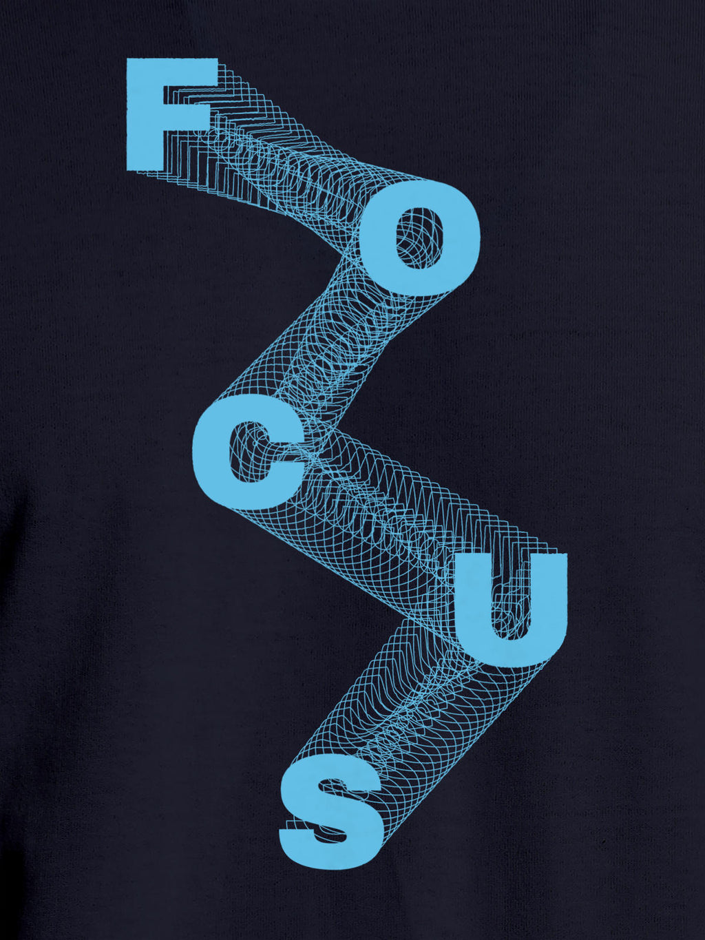 Close up of 'Focus' design on Men's Navy Blue Round Neck T-shirt, highlighting intricate details and vibrant print.