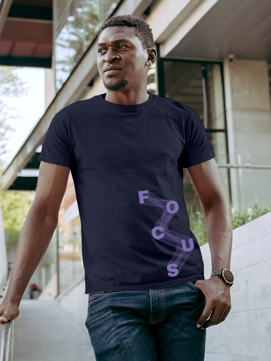 Fighterhero T-shirts: Model wearing Men's Navy Blue Round Neck T-shirt with 'Focus' design