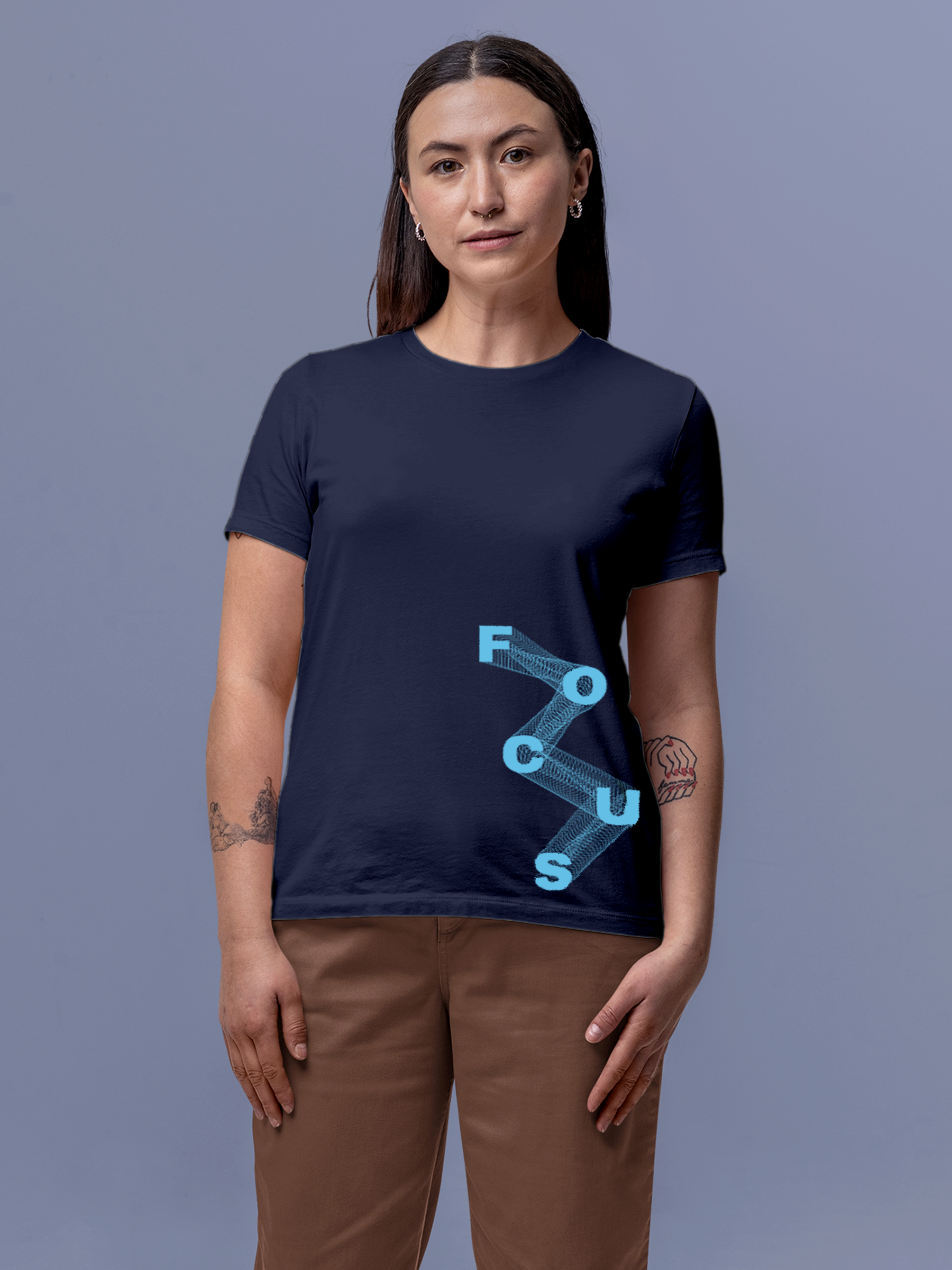 Model wearing Women's Navy Blue Round Neck T-shirt with 'Focus' design, offering effortless style and premium comfort