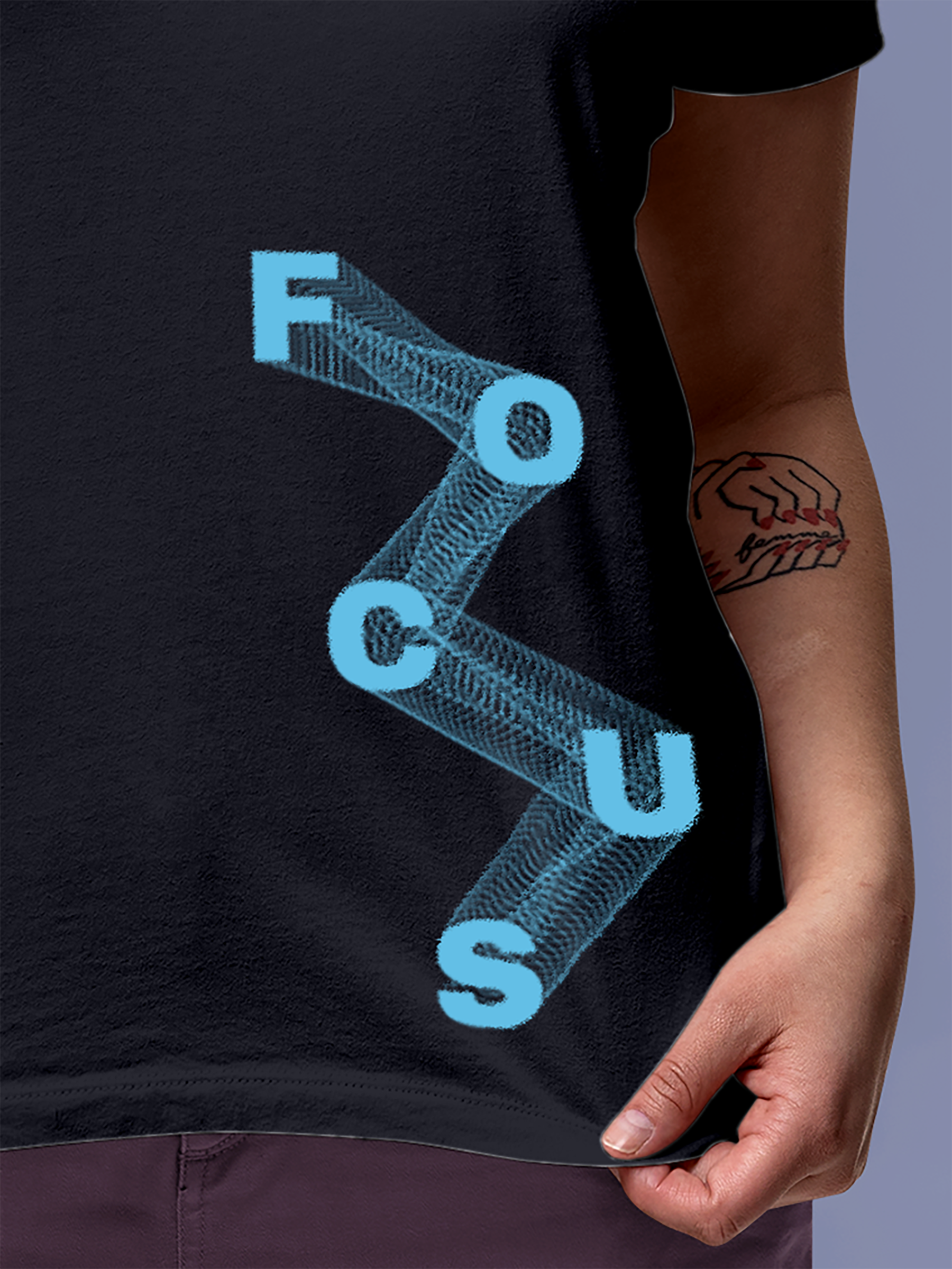 Close up of 'Focus' design on Women's Navy Blue Round Neck T-shirt, highlighting intricate details and vibrant print.