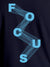 Close up of 'Focus' design on Women's Navy Blue Round Neck T-shirt, highlighting intricate details and vibrant print.