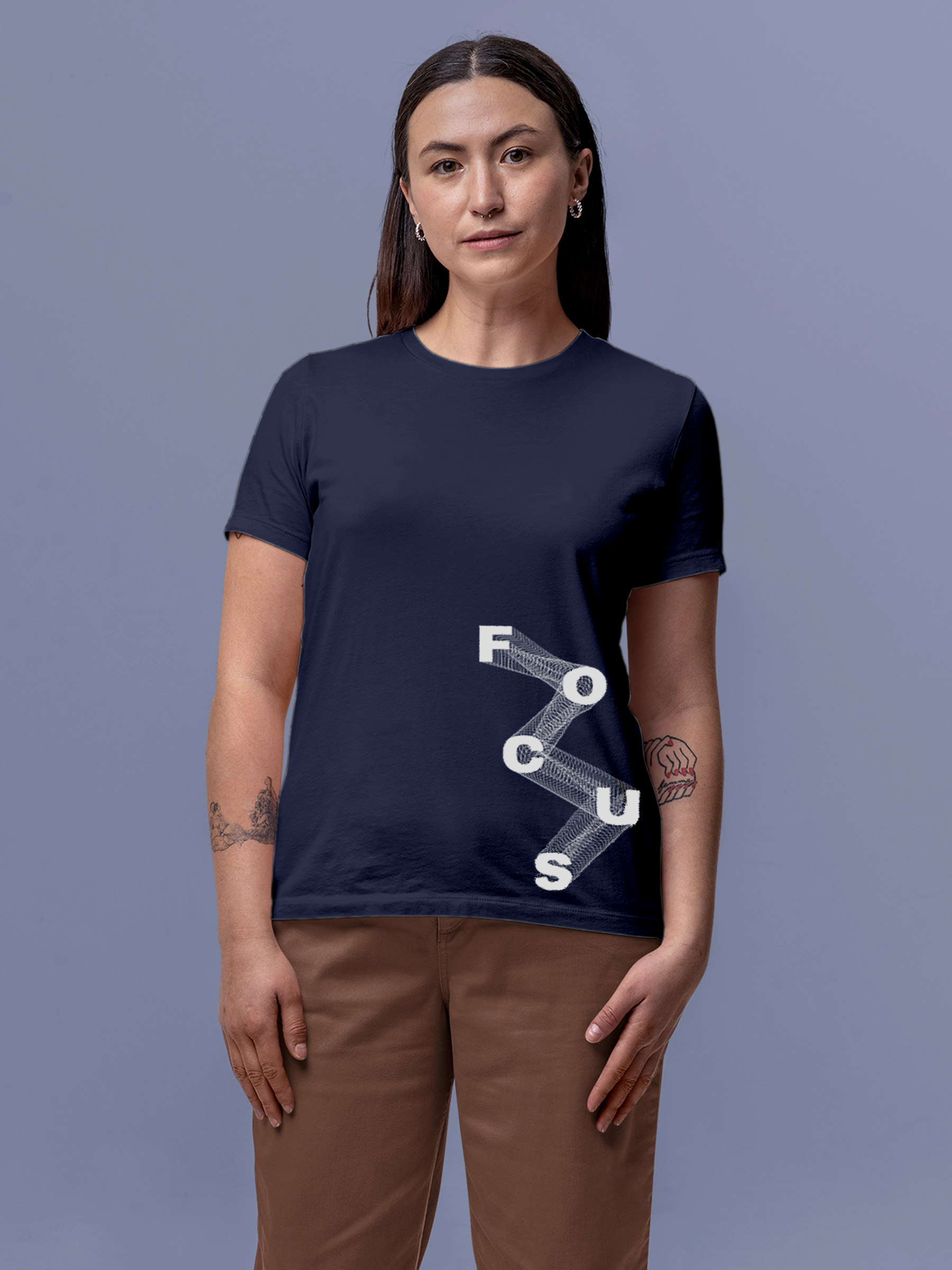 Model wearing Women's Navy Blue Round Neck T-shirt with 'Focus' design, offering effortless style and premium comfort