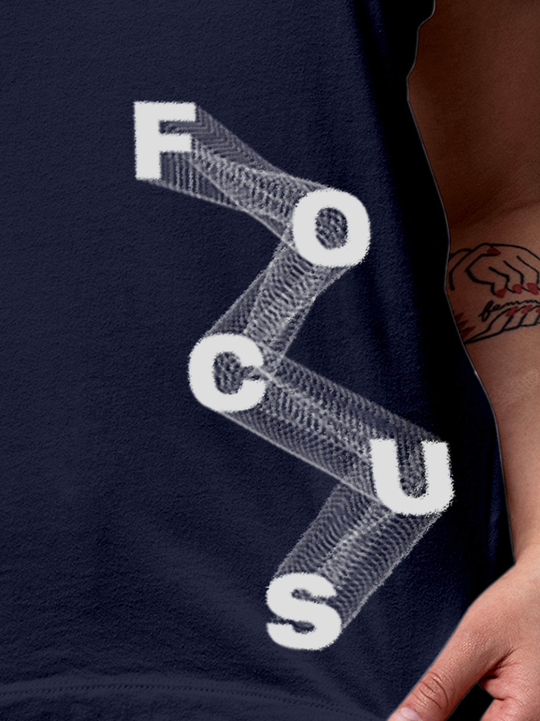 Close up of 'Focus' design on Women's Navy Blue Round Neck T-shirt, highlighting intricate details and vibrant print.