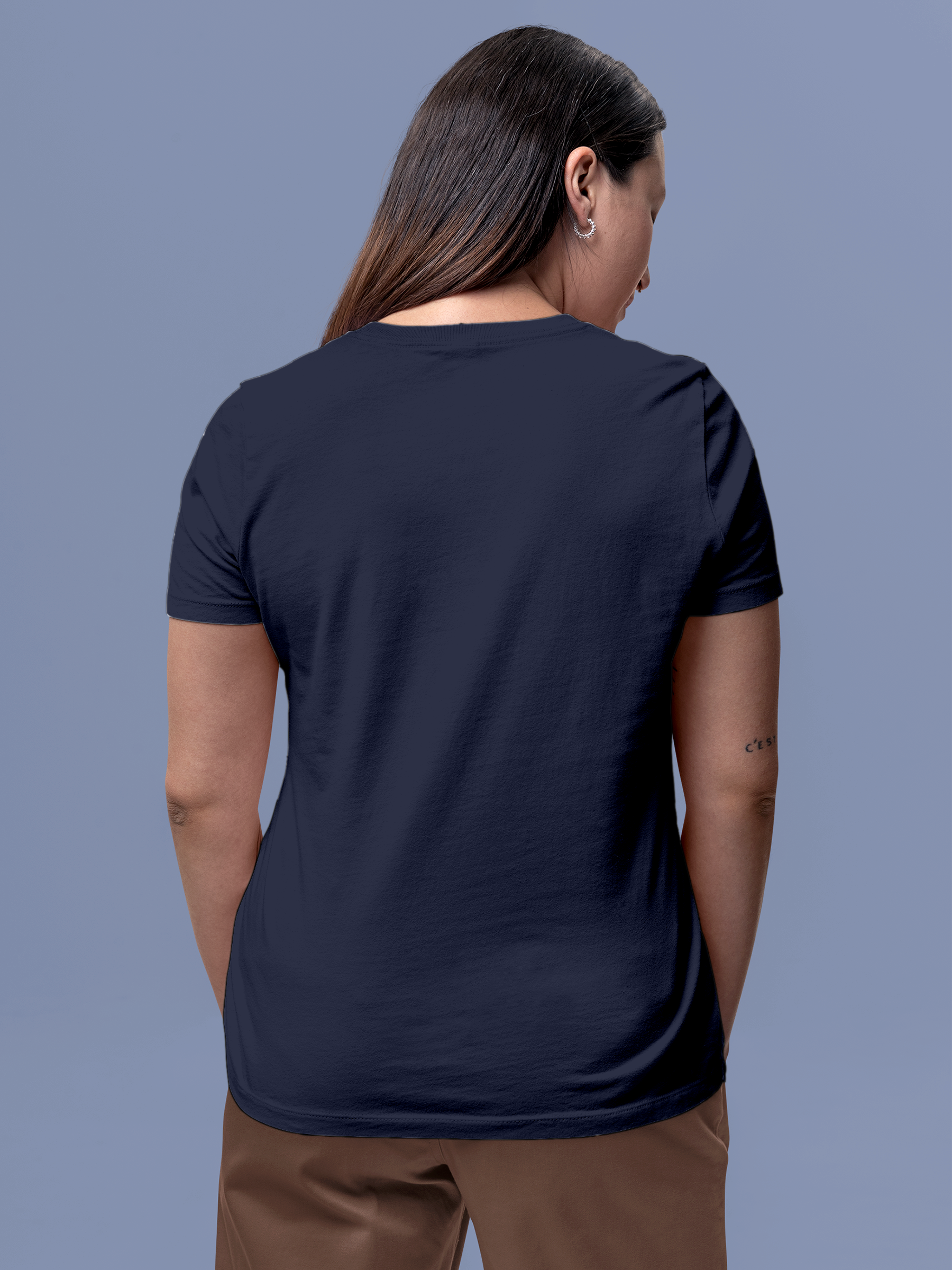 Back view of Fighterhero Women's Navy Blue Round Neck T-shirt, highlighting the modern look and clean finish