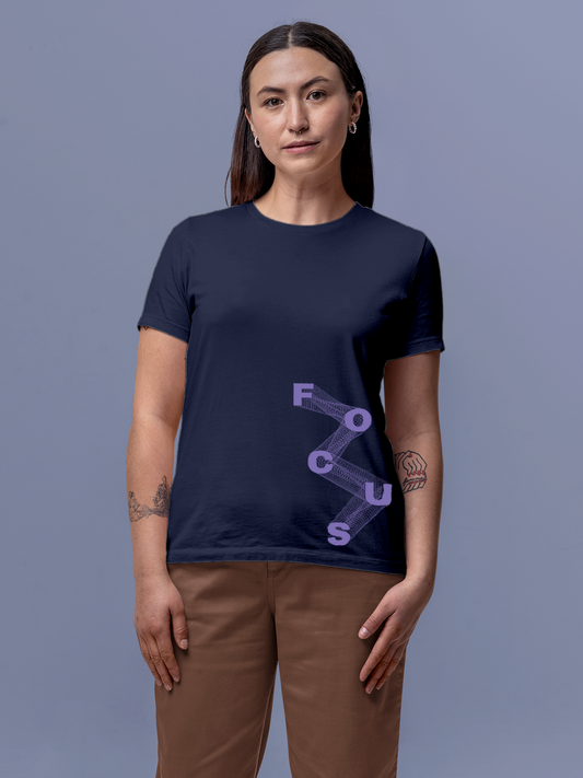 Fighterhero T-shirts: Model wearing Women's Navy Blue Round Neck T-shirt with 'Focus' design