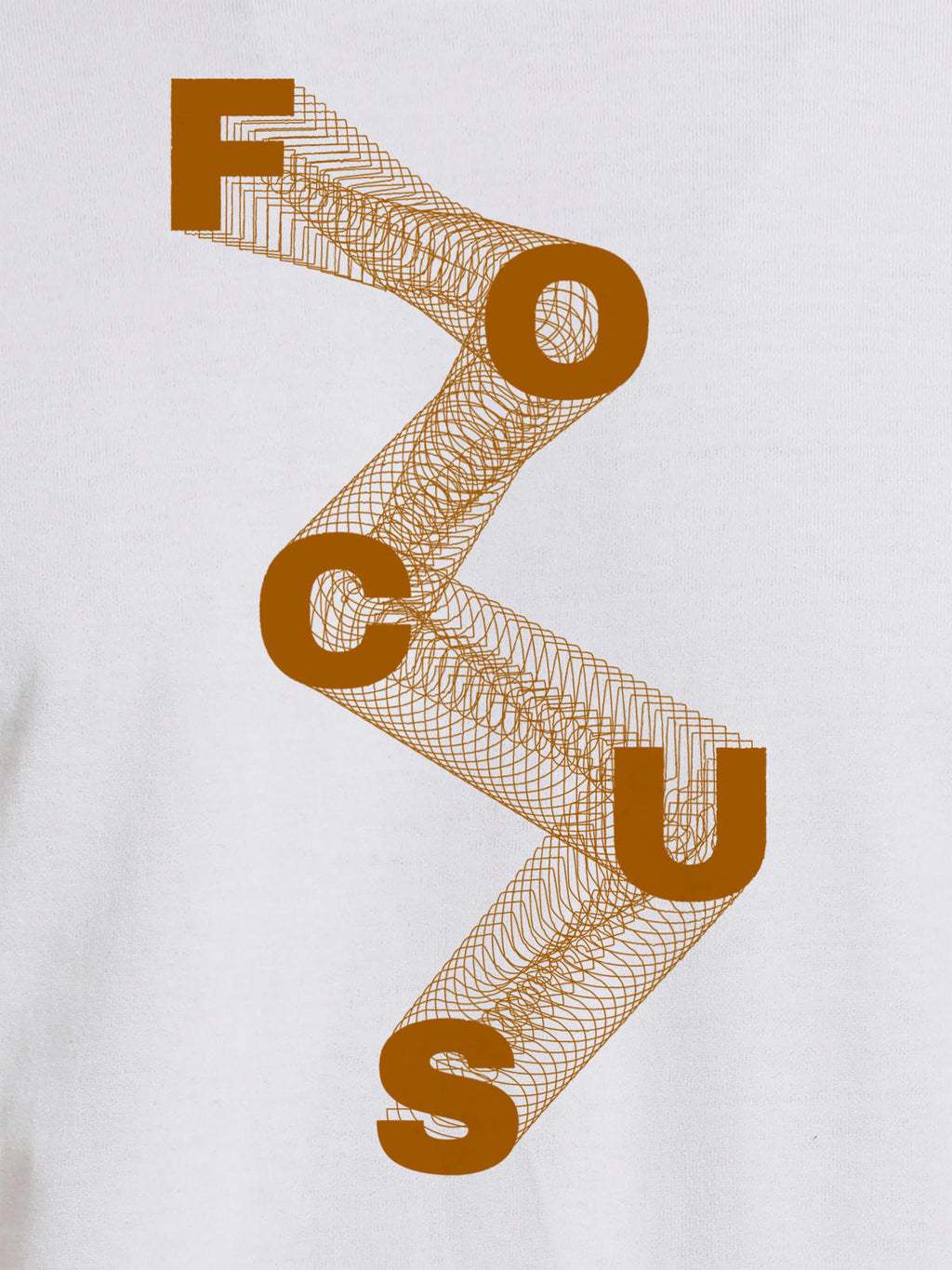 Close up of 'Focus' design on Men's White Round Neck T-shirt, highlighting intricate details and vibrant print.