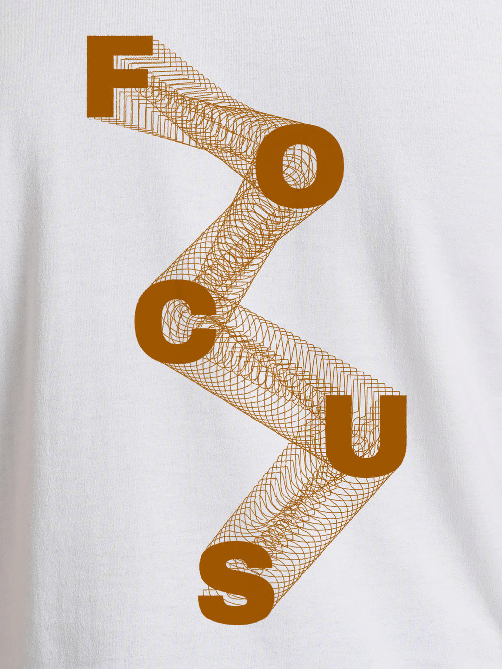 Close up of 'Focus' design on Women's White Round Neck T-shirt, highlighting intricate details and vibrant print.