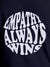 Close up of 'Empathy Always Wins' design on Men's Navy Blue Round Neck T-shirt, highlighting intricate details and vibrant print.