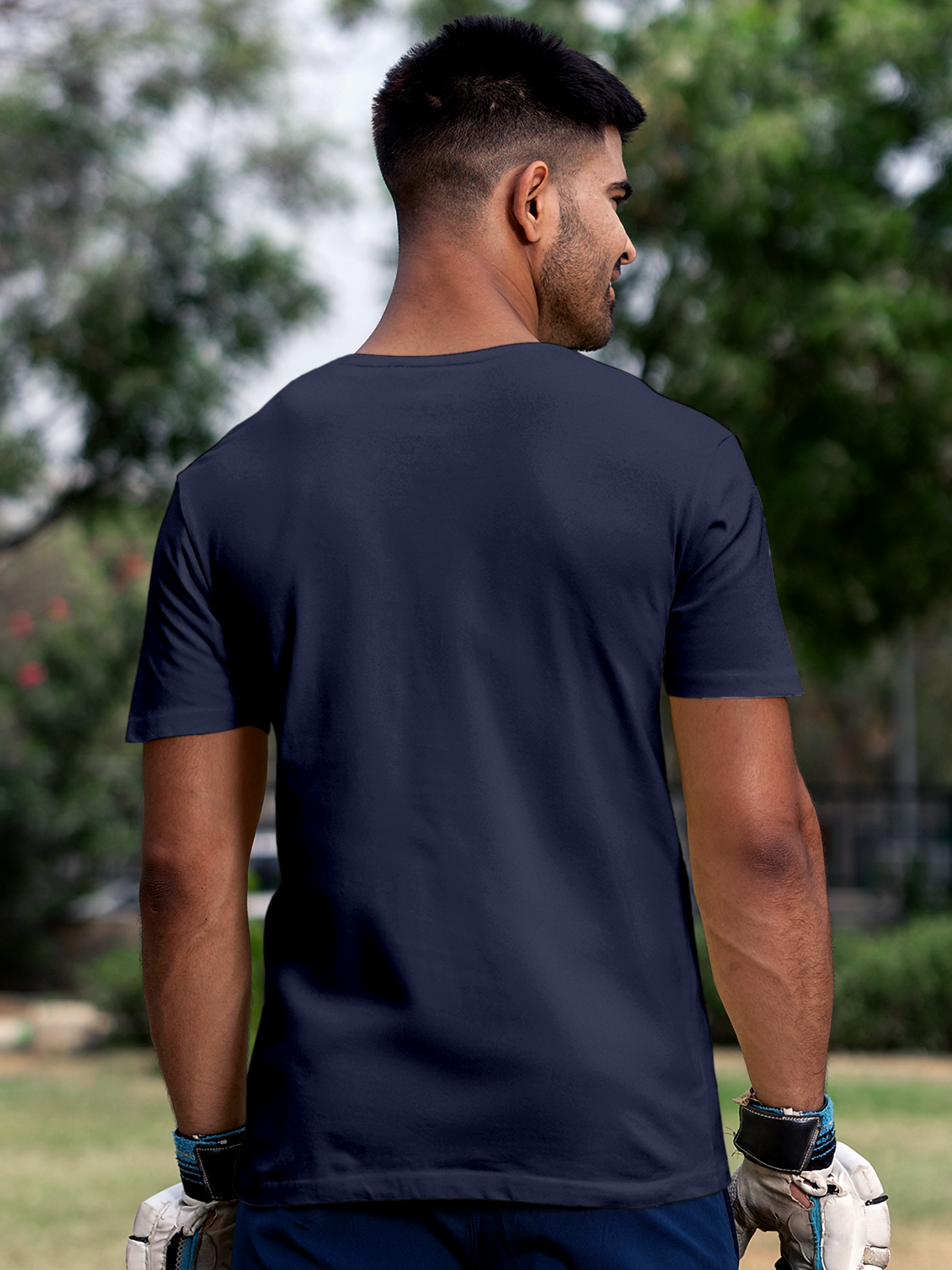 Back view of Fighterhero Men's Navy Blue Round Neck T-shirt, highlighting the modern look and clean finish