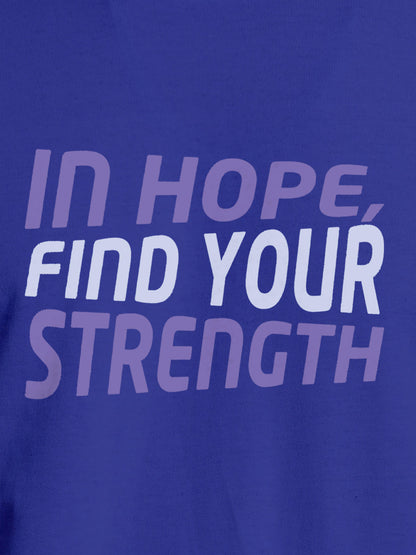 Close up of 'In Hope, Find Your Strength' design on Men's Blue Round Neck T-shirt, highlighting intricate details and vibrant print.