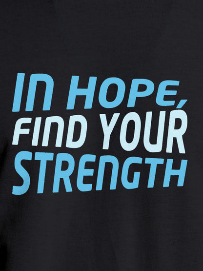 Close up of 'In Hope, Find Your Strength' design on Men's Dark Grey Round Neck T-shirt, highlighting intricate details and vibrant print.