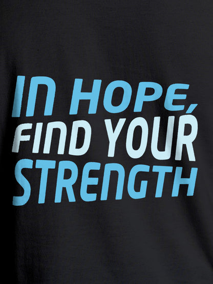 Close up of 'In Hope, Find Your Strength' design on Women's Dark Grey Round Neck T-shirt, highlighting intricate details and vibrant print.