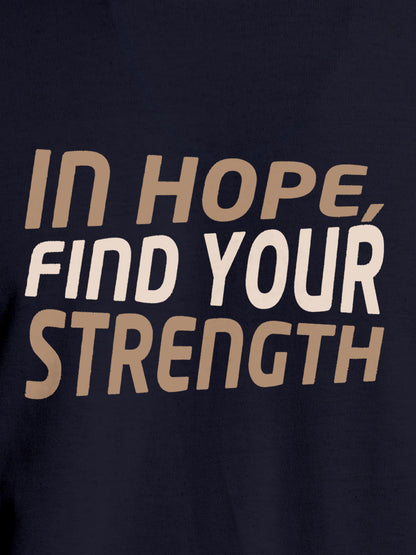 Close up of 'In Hope, Find Your Strength' design on Men's Navy Blue Round Neck T-shirt, highlighting intricate details and vibrant print.