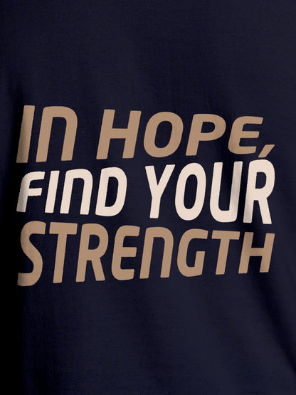 Close up of 'In Hope, Find Your Strength' design on Women's Navy Blue Round Neck T-shirt, highlighting intricate details and vibrant print.