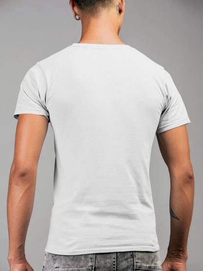 Back view of Fighterhero Men's White Round Neck T-shirt, highlighting the modern look and clean finish