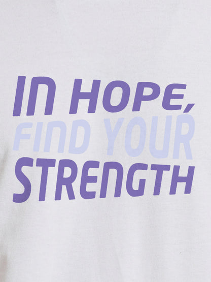 Close up of 'In Hope, Find Your Strength' design on Men's White Round Neck T-shirt, highlighting intricate details and vibrant print.