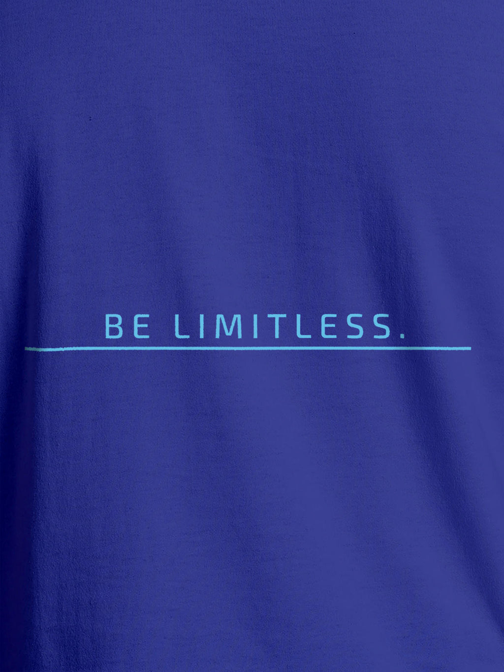 Close up of 'Be Limitless' design on Men's Blue Round Neck T-shirt, highlighting intricate details and vibrant print.