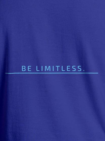 Close up of 'Be Limitless' design on Men's Blue Round Neck T-shirt, highlighting intricate details and vibrant print.