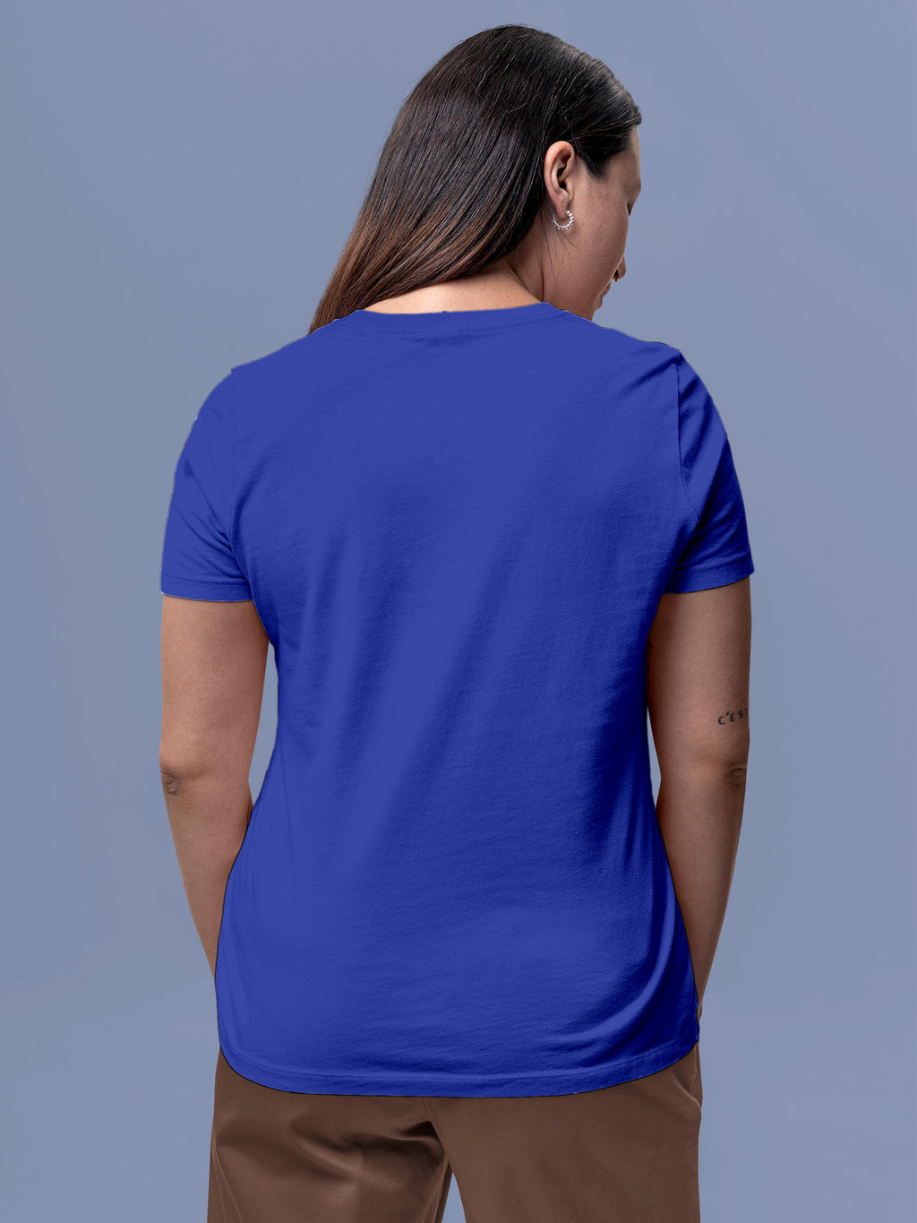 Back view of Fighterhero Women's Blue Round Neck T-shirt, highlighting the modern look and clean finish