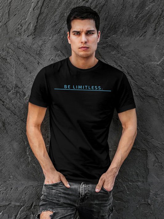 Model wearing Men's Black Round Neck T-shirt with 'Be Limitless' design, offering effortless style and premium comfort