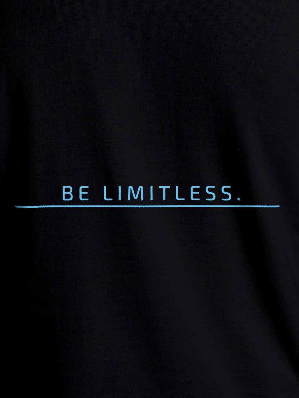 Close up of 'Be Limitless' design on Men's Black Round Neck T-shirt, highlighting intricate details and vibrant print.