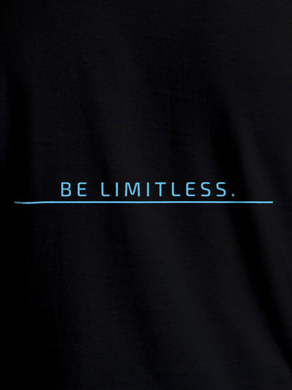 Close up of 'Be Limitless' design on Men's Black Round Neck T-shirt, highlighting intricate details and vibrant print.
