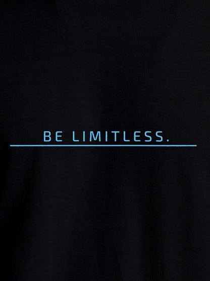 Close up of 'Be Limitless' design on Women's Black Round Neck T-shirt, highlighting intricate details and vibrant print.