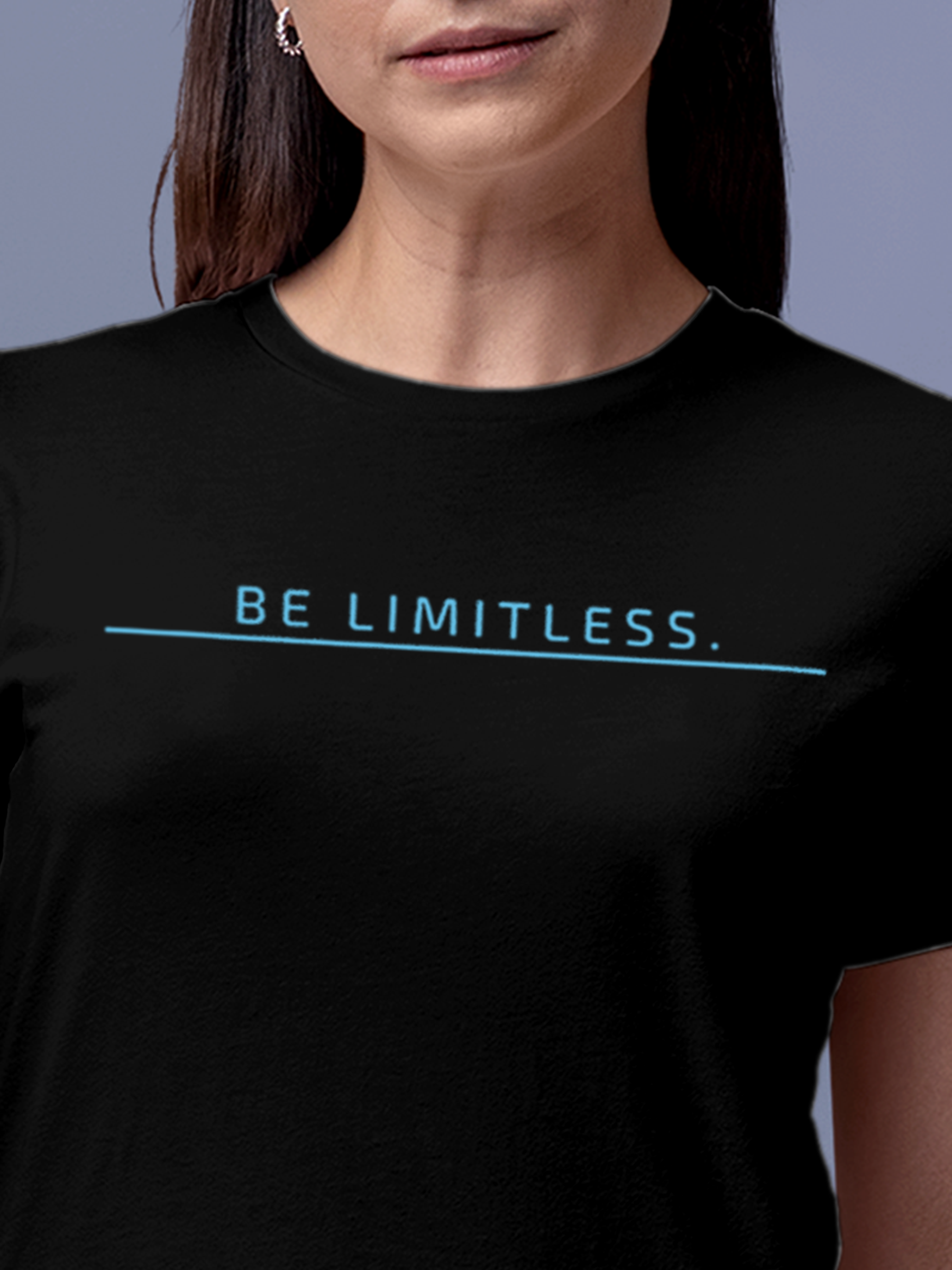 Close up of 'Be Limitless' design on Women's Black Round Neck T-shirt, highlighting intricate details and vibrant print.