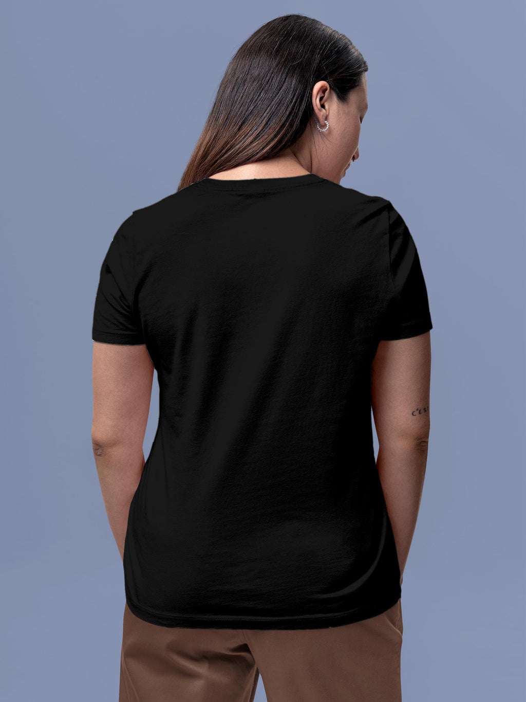 Back view of Fighterhero Women's Black Round Neck T-shirt, highlighting the modern look and clean finish