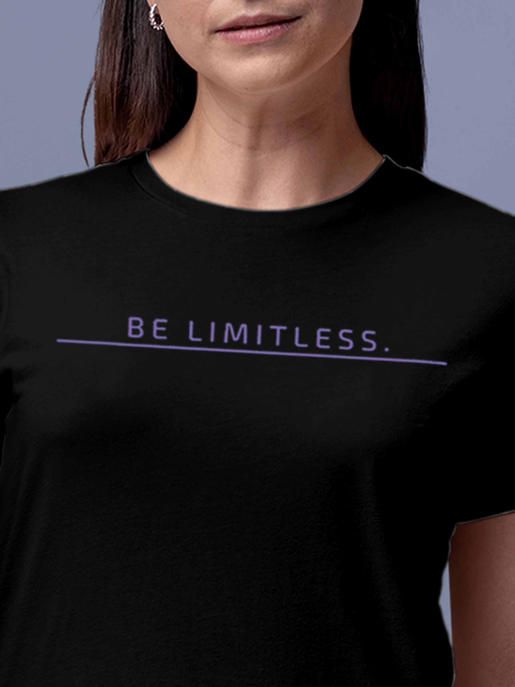 Close up of 'Be Limitless' design on Women's Black Round Neck T-shirt, highlighting intricate details and vibrant print.