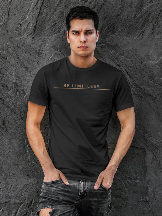 Model wearing Men's Dark Grey Round Neck T-shirt with 'Be Limitless' design, offering effortless style and premium comfort