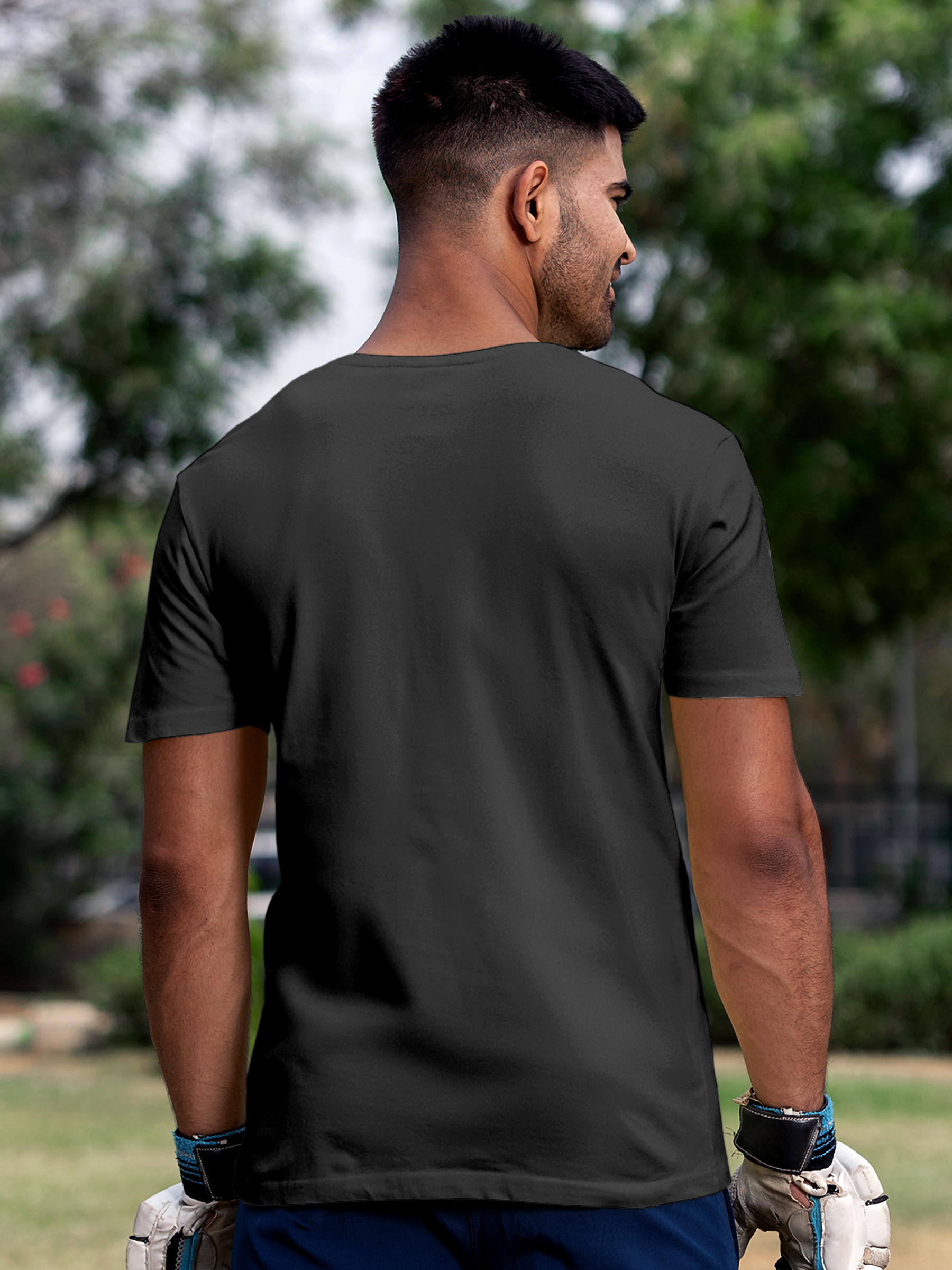 Back view of Fighterhero Men's Dark Grey Round Neck T-shirt, highlighting the modern look and clean finish