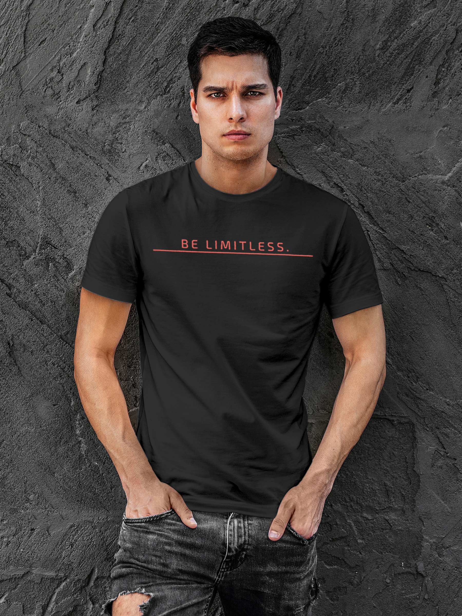 Model wearing Men's Dark Grey Round Neck T-shirt with 'Be Limitless' design, offering effortless style and premium comfort