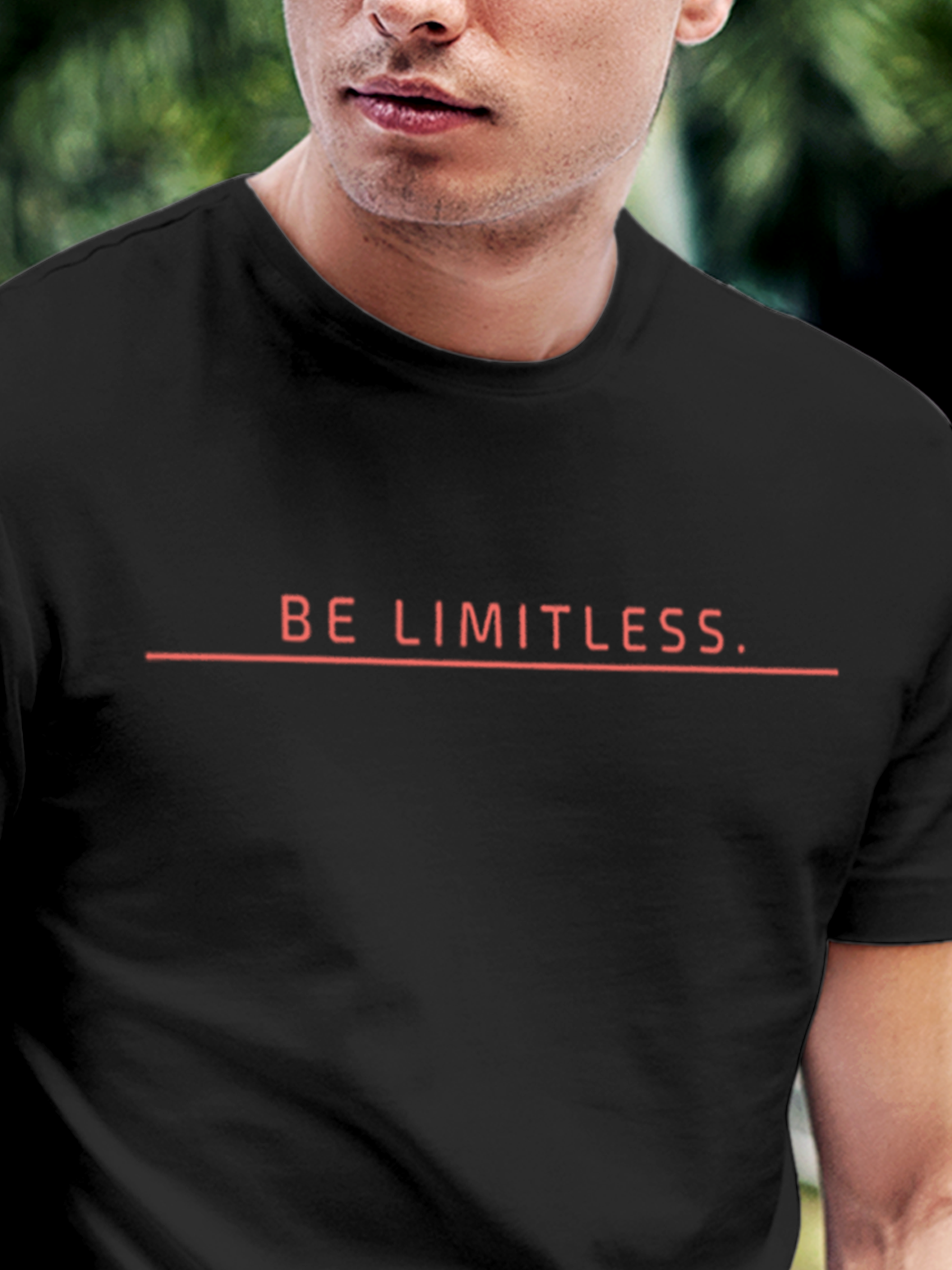Close up of 'Be Limitless' design on Men's Dark Grey Round Neck T-shirt, highlighting intricate details and vibrant print.