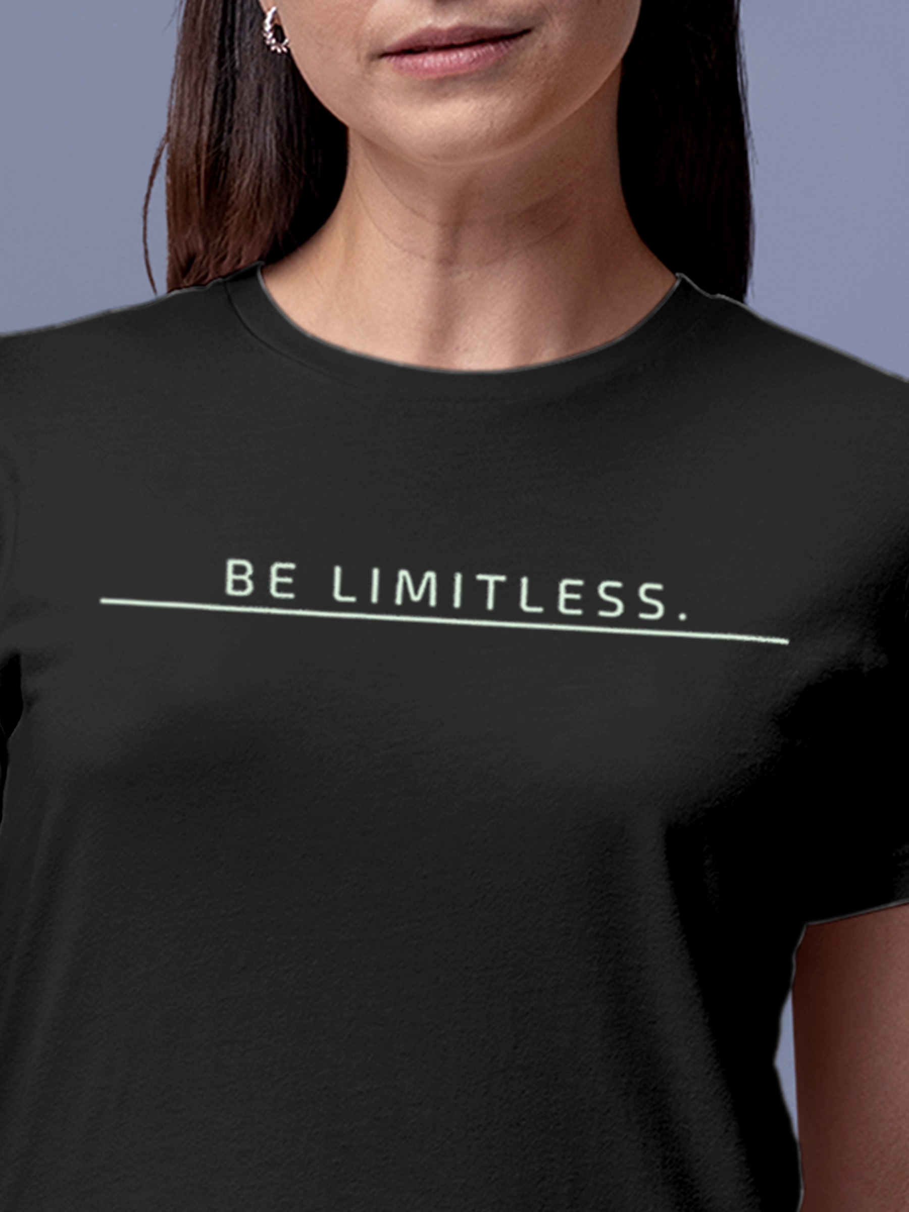 Close up of 'Be Limitless' design on Women's Dark Grey Round Neck T-shirt, highlighting intricate details and vibrant print.
