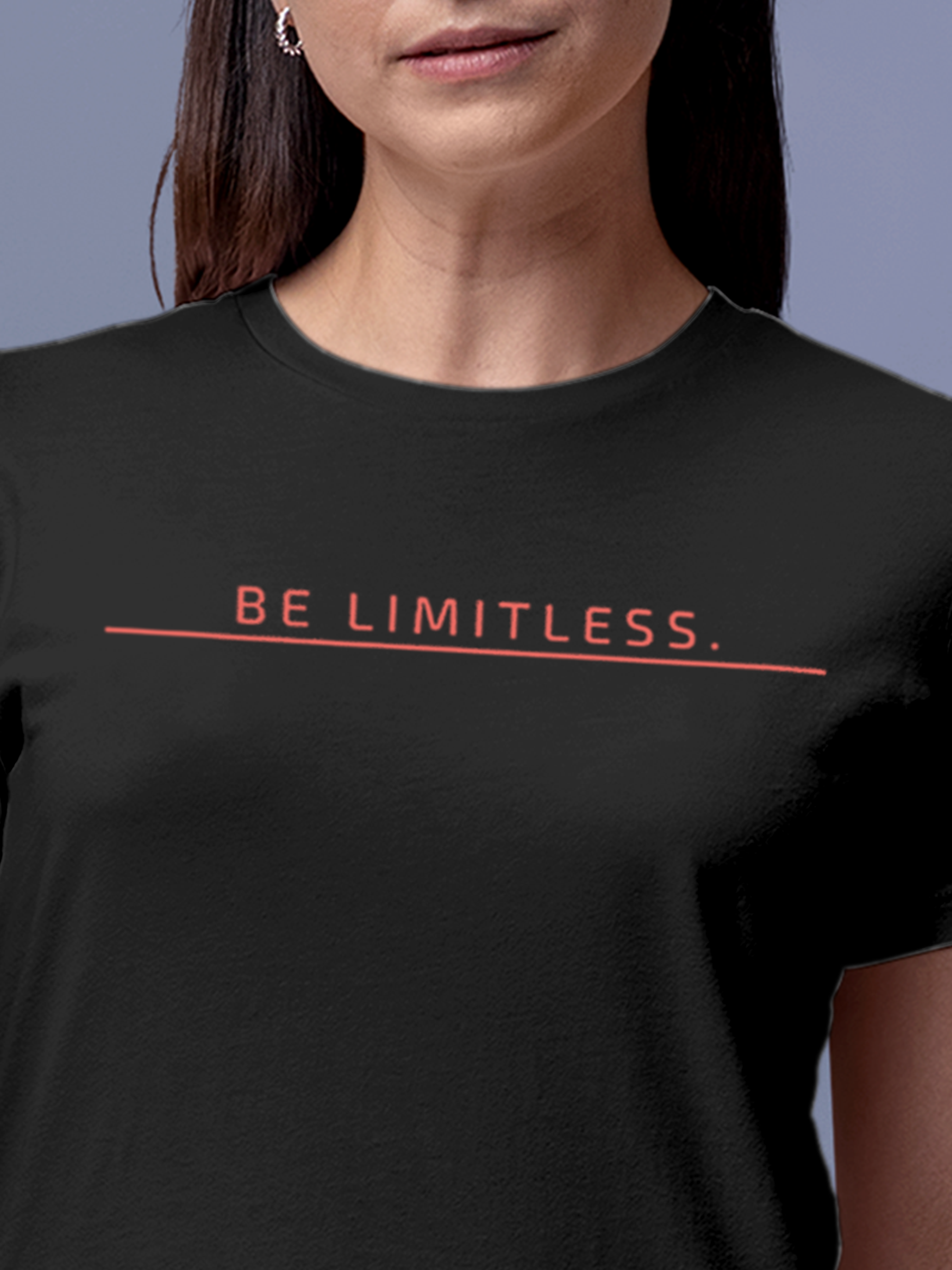 Close up of 'Be Limitless' design on Women's Dark Grey Round Neck T-shirt, highlighting intricate details and vibrant print.