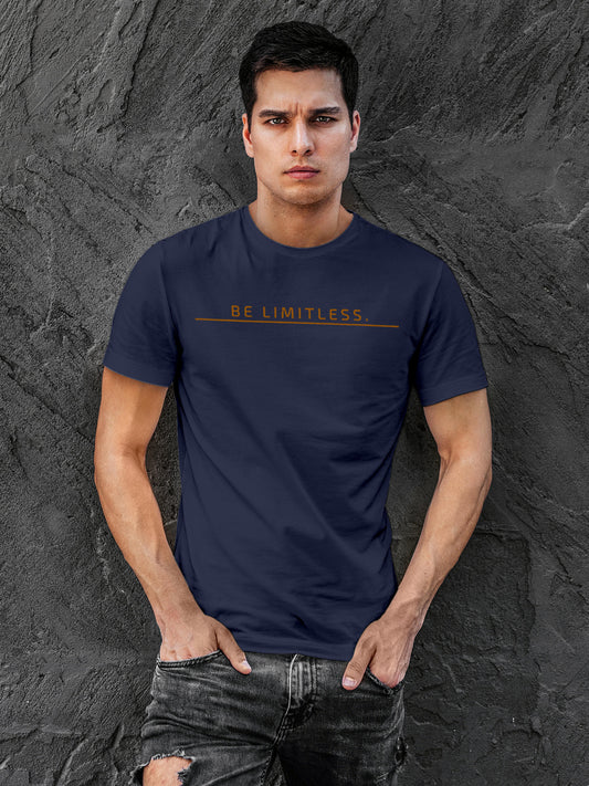 Model wearing Men's Navy Blue Round Neck T-shirt with 'Be Limitless' design, offering effortless style and premium comfort