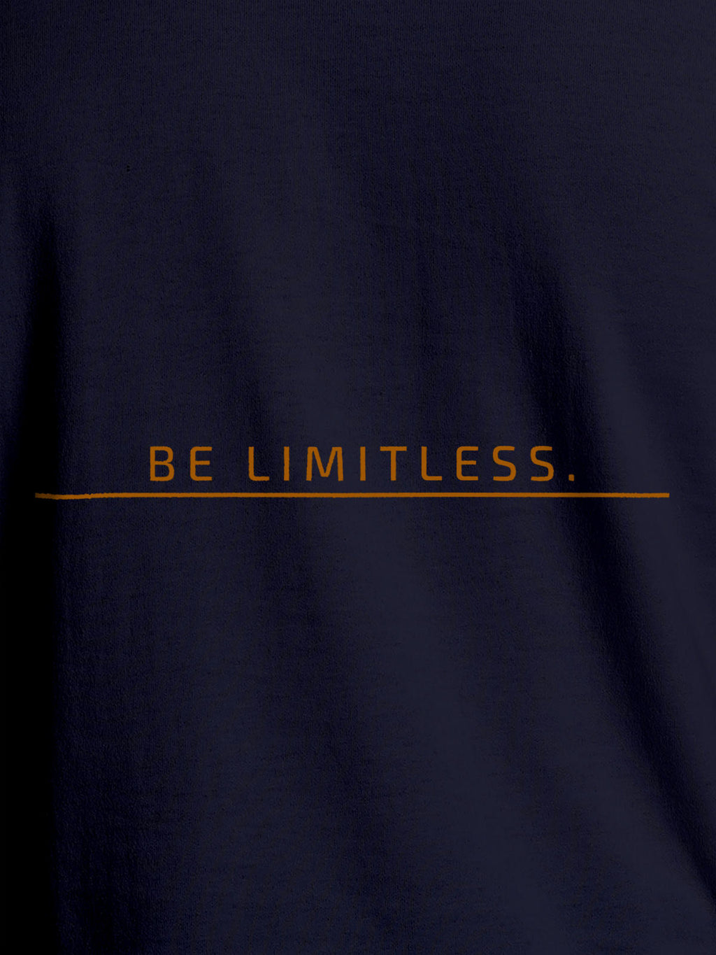 Close up of 'Be Limitless' design on Men's Navy Blue Round Neck T-shirt, highlighting intricate details and vibrant print.