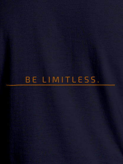 Close up of 'Be Limitless' design on Men's Navy Blue Round Neck T-shirt, highlighting intricate details and vibrant print.