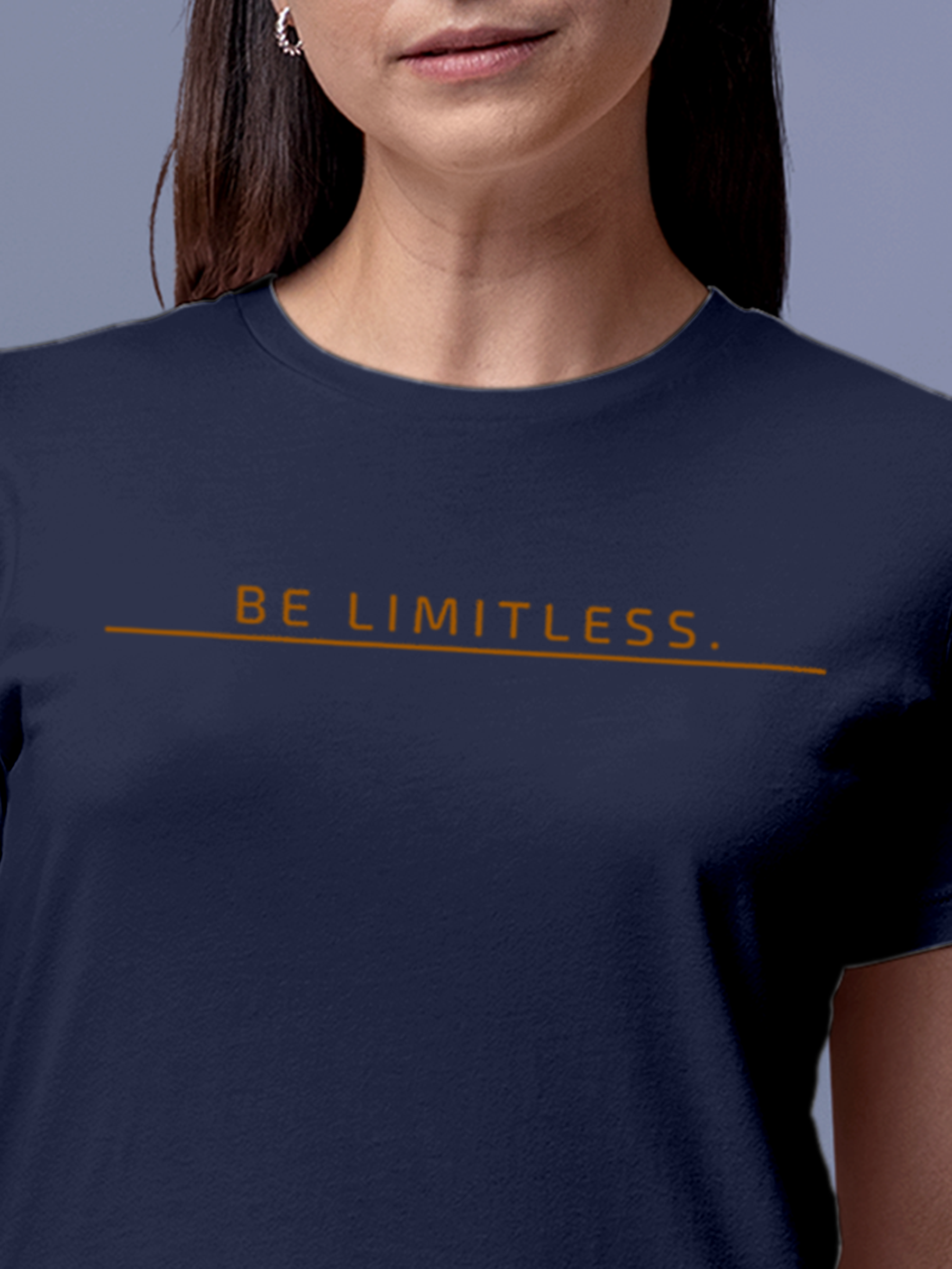 Close up of 'Be Limitless' design on Women's Navy Blue Round Neck T-shirt, highlighting intricate details and vibrant print.