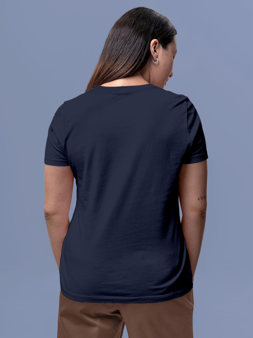Back view of Fighterhero Women's Navy Blue Round Neck T-shirt, highlighting the modern look and clean finish