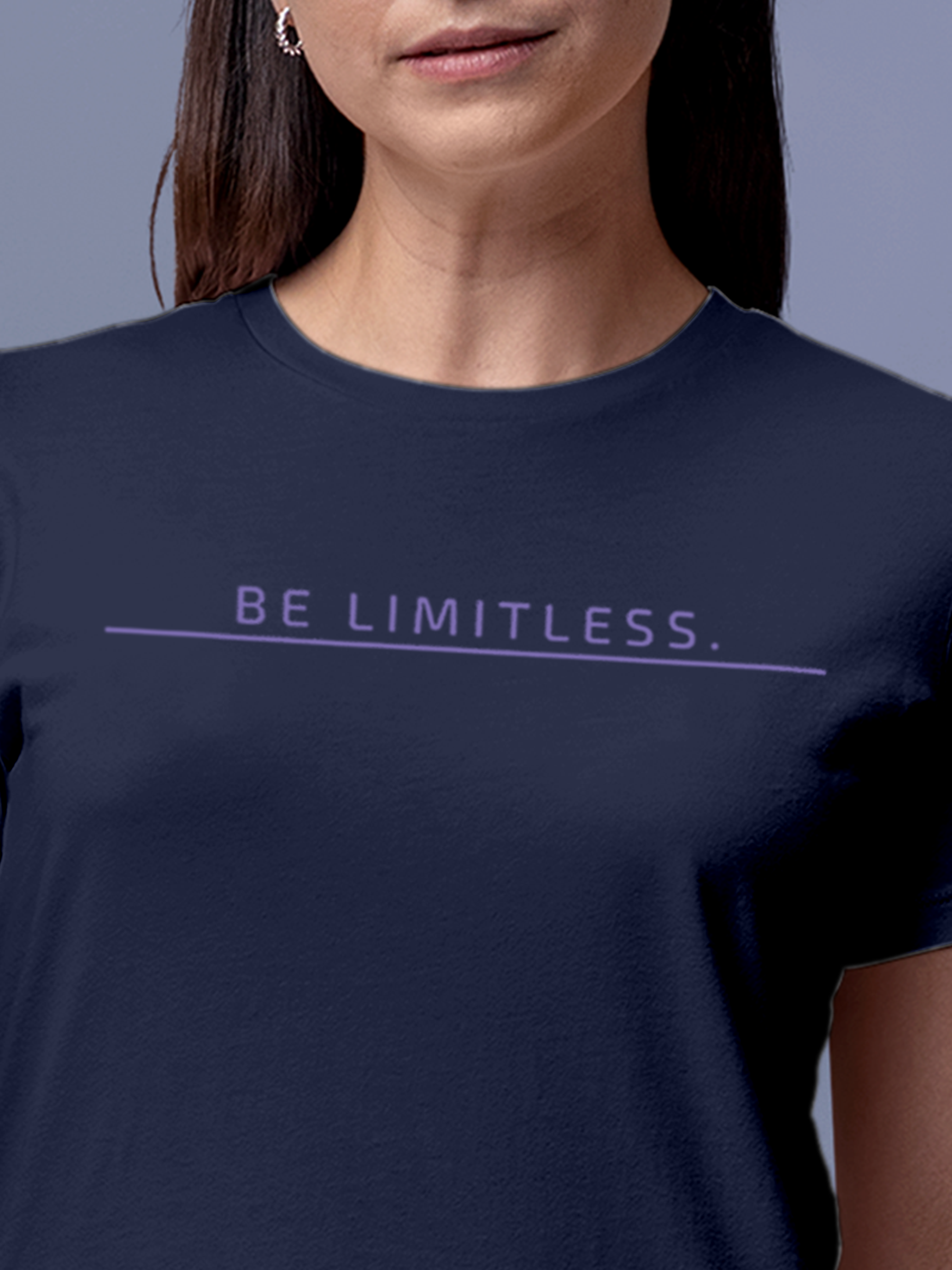 Close up of 'Be Limitless' design on Women's Navy Blue Round Neck T-shirt, highlighting intricate details and vibrant print.