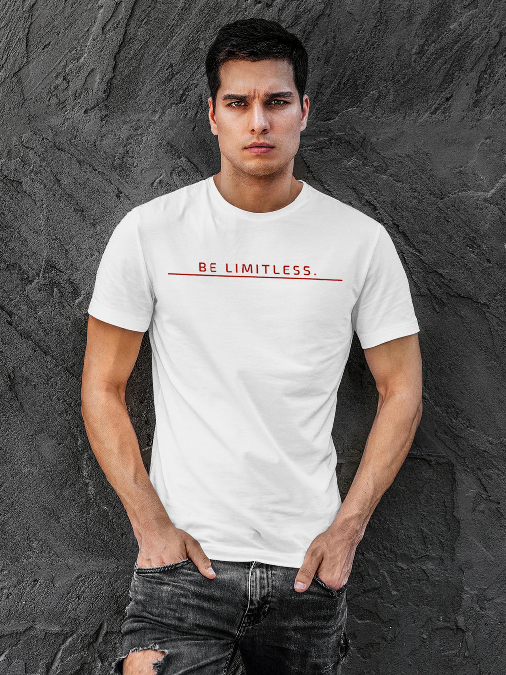 Model wearing Men's White Round Neck T-shirt with 'Be Limitless' design, offering effortless style and premium comfort