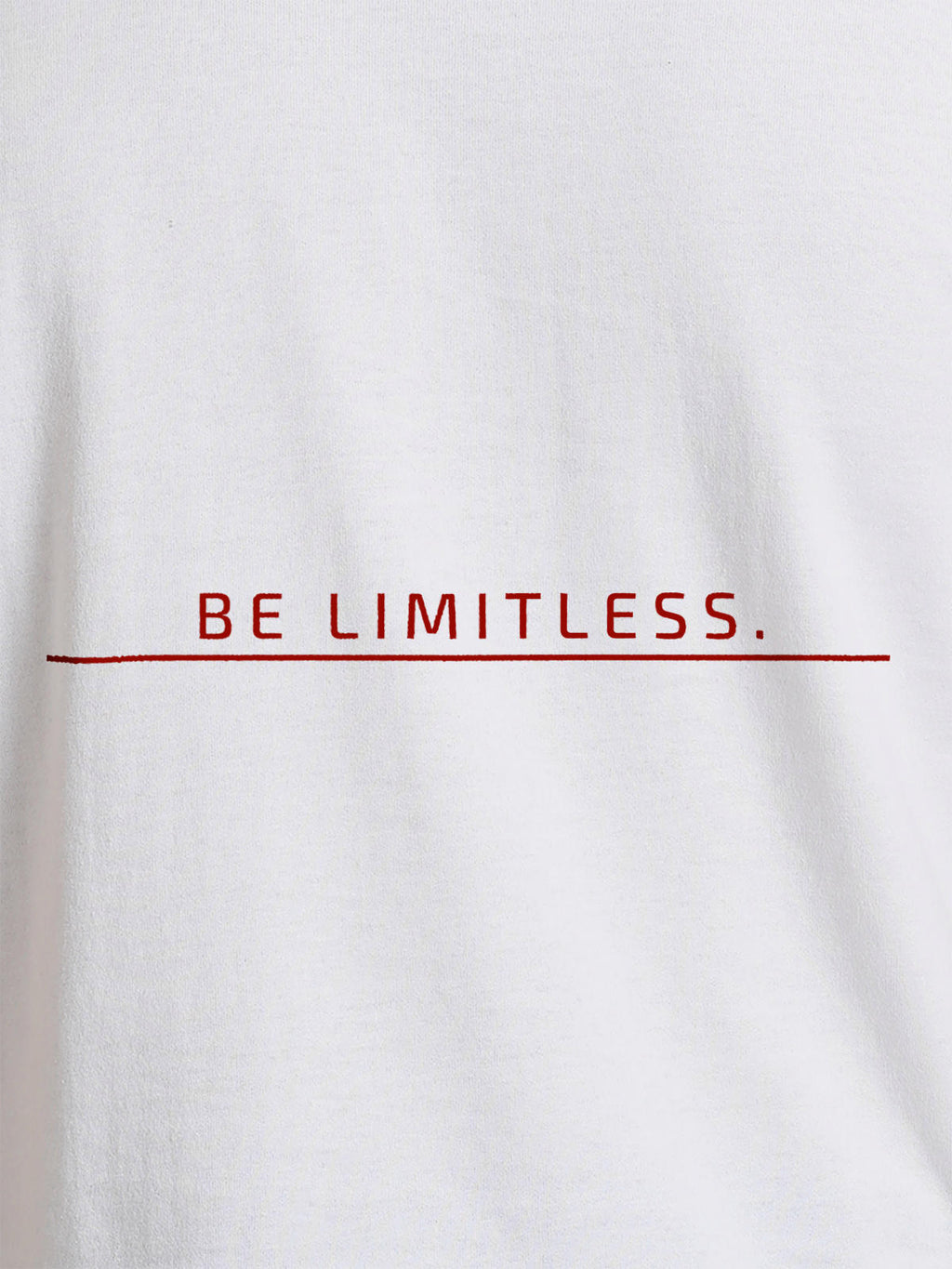 Close up of 'Be Limitless' design on Men's White Round Neck T-shirt, highlighting intricate details and vibrant print.