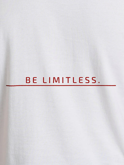 Close up of 'Be Limitless' design on Men's White Round Neck T-shirt, highlighting intricate details and vibrant print.